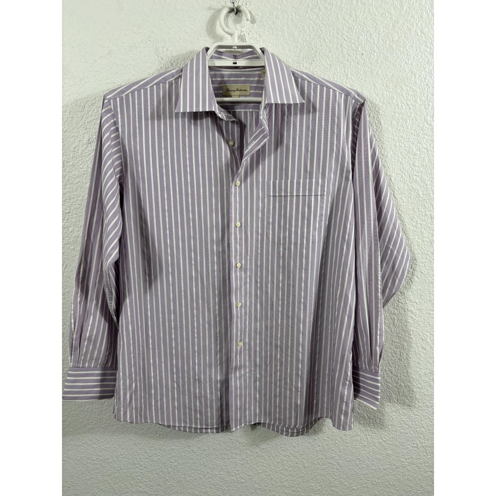Tommy Bahama Shirt Mens 16.5 34/35 Purple White Stripe Button Down Long Sleeve